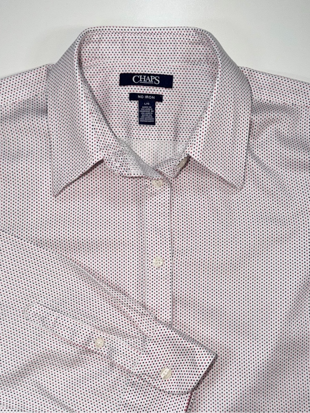 CHAPS Non Iron Shirt 3/4 Sleeve White Navy Red Dot Top button front USA Women L